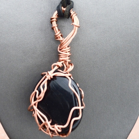 Black Obsidian Solid Copper Pendant Leather Necklace Handmade Artisan Wire Wrap - Picture 3 of 11